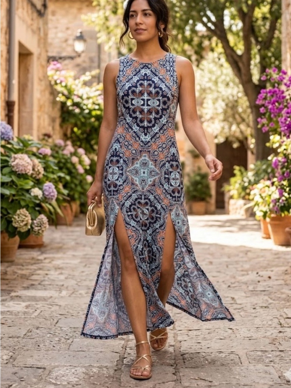 London Times Blue and Peach Paisley Maxi Dress with Front Slits